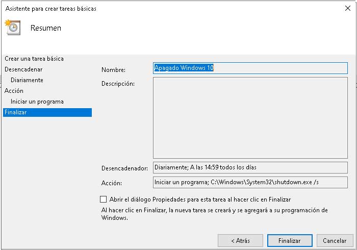 resumen programar apagado de Windows 10